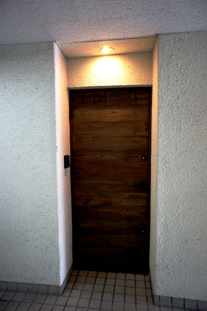入り口ドアの少し前まで来ると照明がセンサーで自動点灯、特注で作ってもらった玄関ドア。何とも言えない隠れ家風を演出しております。やはり玄関は重要です。