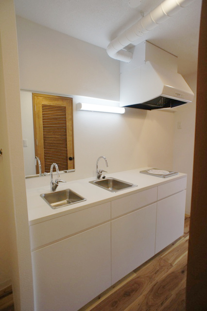 この部屋特注のキッチン・洗面台。写真左の鏡前が洗面、その横がキッチンシンクとIHコンロ。そのキッチン横のスペースは冷蔵庫スペース。